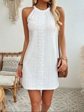 New White Halter Lace-Trim Sundress